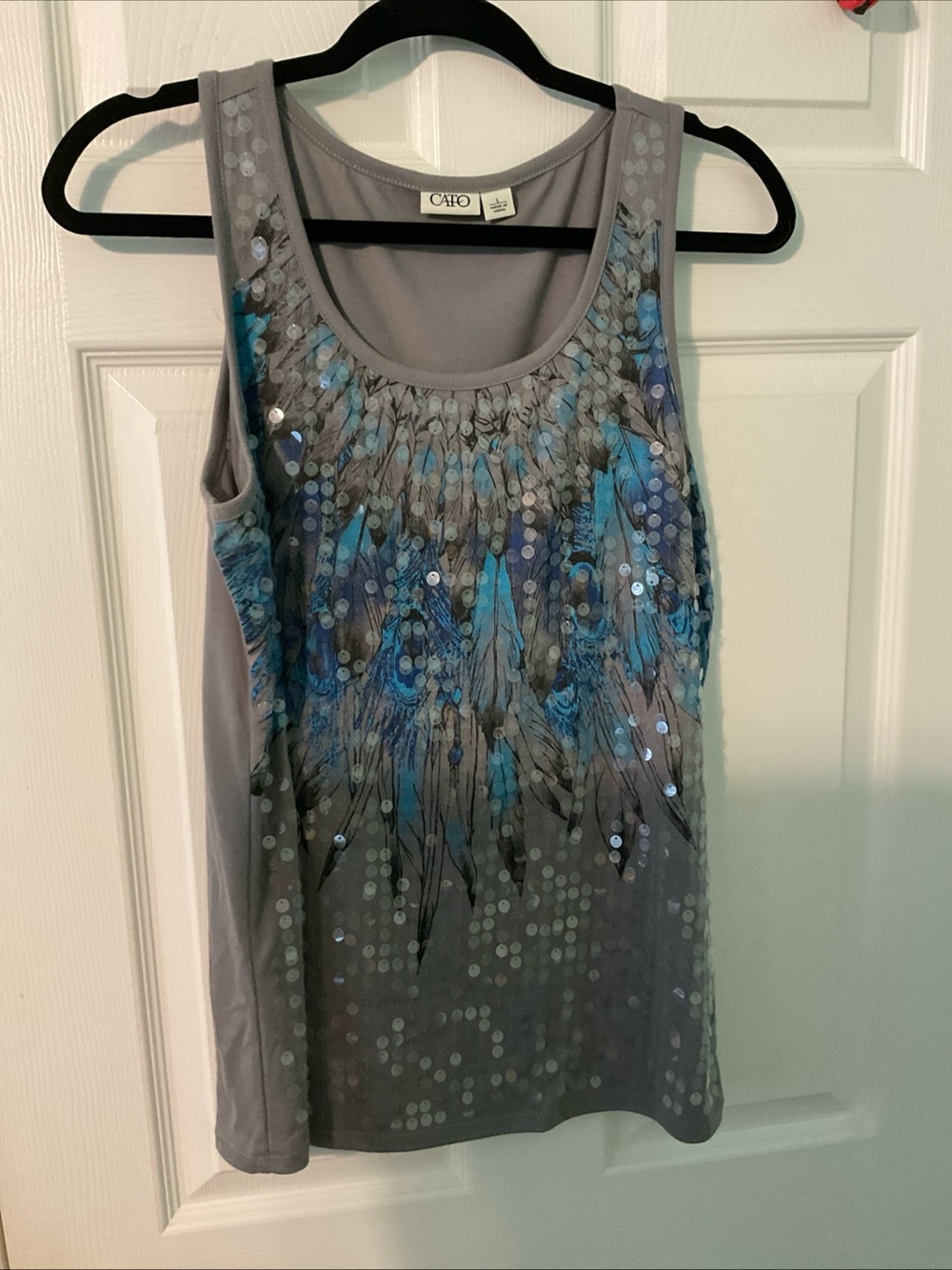 Cato Gray Tank Top with Blue Feather Sequin Design